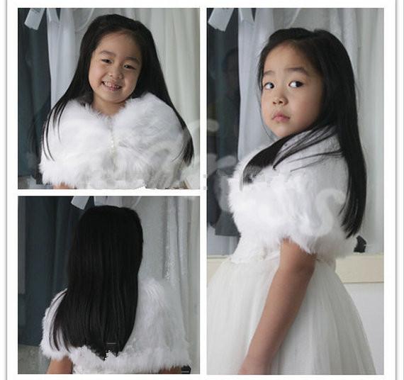 Custom Made Child Faux Fur Wrap Pearl shrug White Flower girl Shawl 3-9 years old Wraps Winter wedding shrugs Bolero Coat faux fur cover up