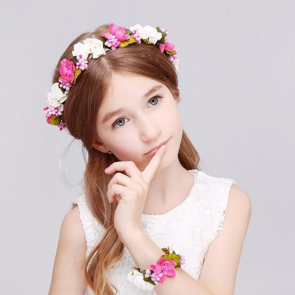 Wedding party High Quality bridesmaid Fashion Princess headwear hand/Head wreaths Princess Head Bands ribbon Children Girl Rose orange pink