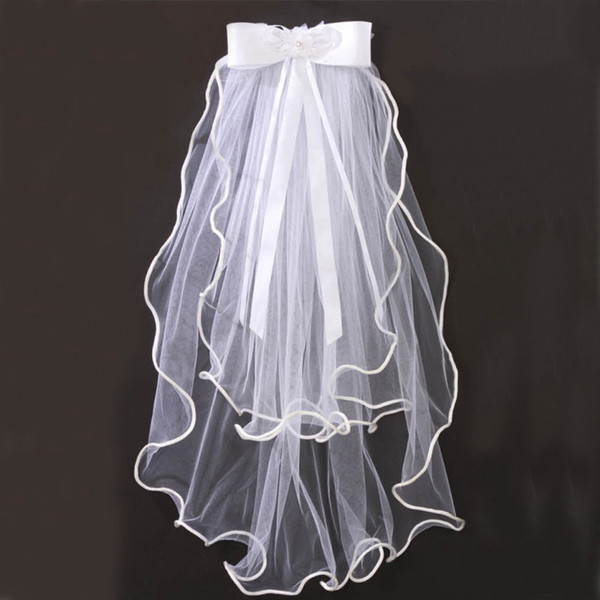 Lovely High Quality Flower Girls Veils Wedding Party Kids Tulle Veils Two Layers Short Bow Sash Handmade White Ivory Champagne Custom
