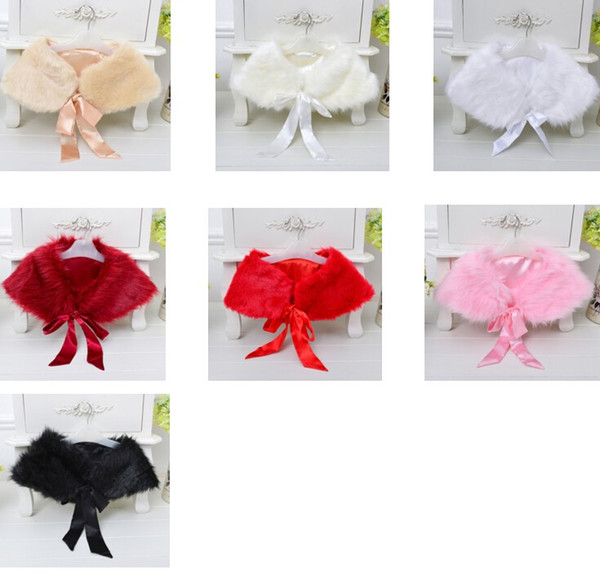 2017 New Winter Warm Flowers Girl Lace up Capes shawl Wedding Dress faux fur stole Wraps Cap jacket for party gown dinner Pink White Red