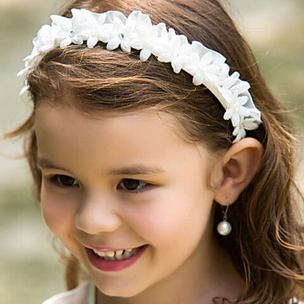 White Flower Girl Headbands Wedding Hair Accessories For Children Formal Kids Party Head Pieces Cute Beaded Rhinestone Headwear