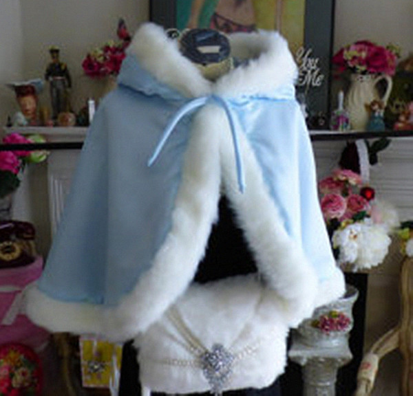 Blue color Children's Custom Made Girls Cape Kids Wedding Cloaks Faux Fur Jacket For Winter Kid Flower Girl Children Satin Child