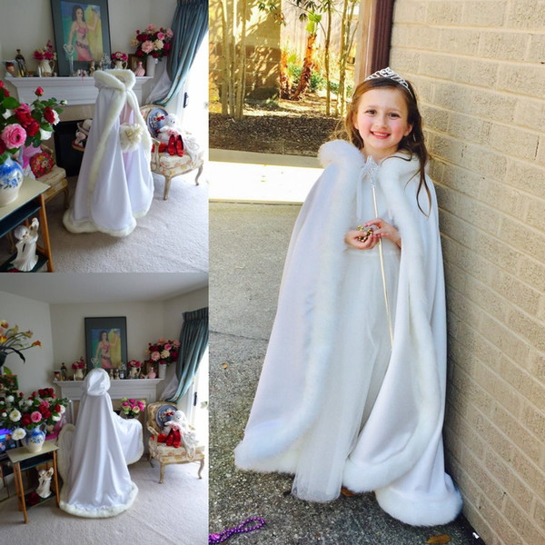 New Arrival Warm Hooded Children's White Satin Flower Girl Wedding Cloak With Faux Fur Trim Floor Length Winter Kid Long Wraps Jacket