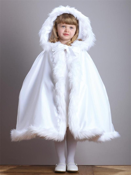 New Arrival Warm Hooded Children's White Satin Flower Girl Wedding Cloak With Faux Fur Trim Tea-Length Winter Kid Long Wraps Jacket