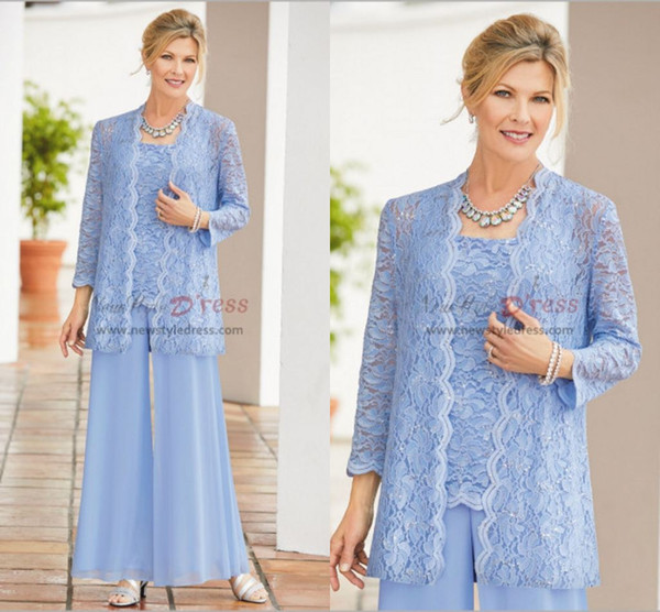 Sky Blue Long Sleeves Mother Of The Bride Suits Lace Appliqued Three Pieces Mother Formal Wear With Jacket Pnats Plus Size