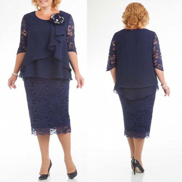 Elegant Dark Navy Plus Size Mother Dresses New Jewel Neck Half Sleeve Lace Chiffon Knee Length Mother Evening Gowns Formal Wears