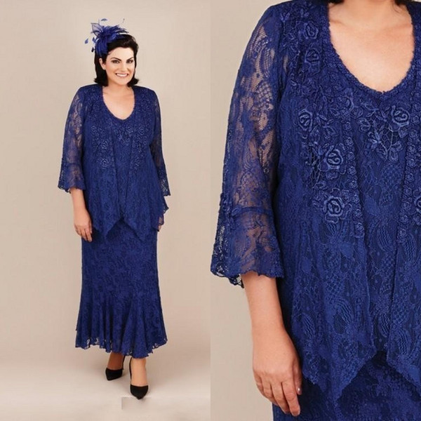 Vintage Mother Of The Bride Dresses Royal Blue Mermaid Lace Mothers Wedding Guest Dress Ankel Length Plus Size Mother's Groom Gowns