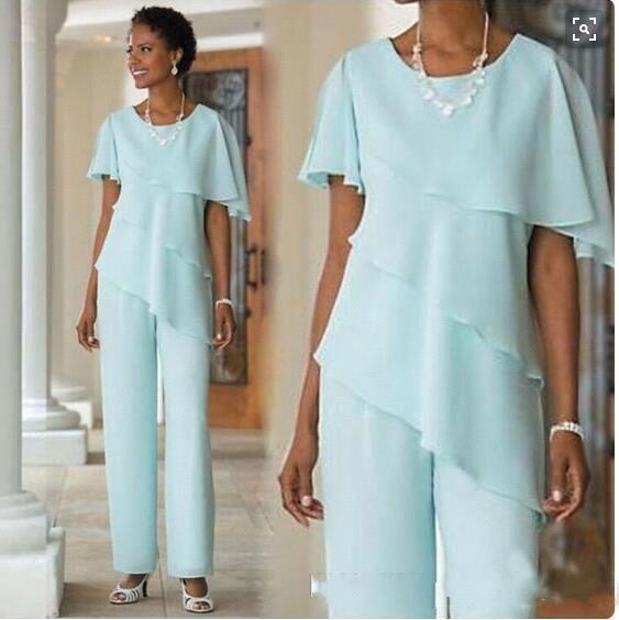 New Mother Pants Suits Wedding Guest Dress Chiffon Short Sleeve Tiered Mother of Bride Pant Suits Trousers BA6965