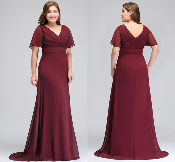 2019 Plus Size Burgundy V Neck Mother Of The Bride Dress Cheap Open Back Chiffom Mother Formal Wear Long Prom Evening Party Gown CPS715