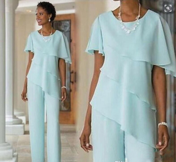 New Mint Mother of the Bride Dresses Wedding Guest Dress Silk Chiffon Short Sleeve Tiered Mother of Bride Pant Suits Custom Made