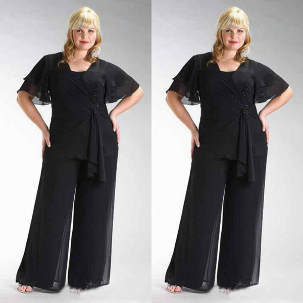 Popular Plus Size Black Chiffon Short Sleeve Mother Of The Bride Two Pieces Pant Suits Beaded Waist Custom Made