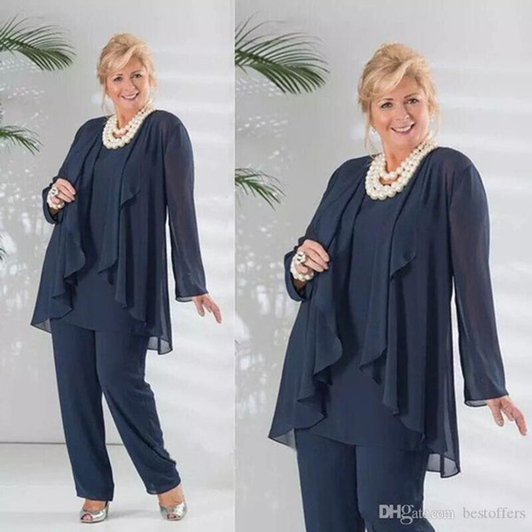 Elegant Mother of the Bride Pant Suits Dark Navy Three Pieces Chiffon Long Sleeve Jacket Pants Suit Plus Size Wedding Guest Dress