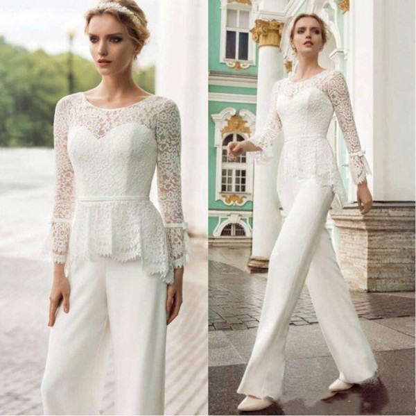 Vintage White Mother of Bride Groom Pants Suits Formal Mother Occasion Dress Lace Top Long Sleeve Mother Evening Party Jumpsuit