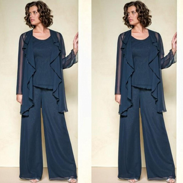 Navy Blue New Chiffon Mother Of The Bride Pant Suits Dresses Summer Long Sleeve Custom Made Plus Size Mother Pant Suits