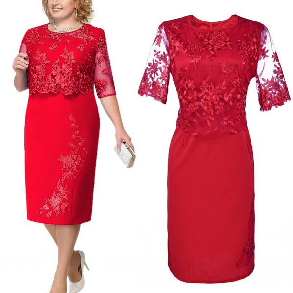 In Stock Summer Lace Patchwork Plus Size Women Dress Fake Two Piece Midi Dress Elegant Sleeve Bodycon Party Dress 5XL Robe Femme FS6340