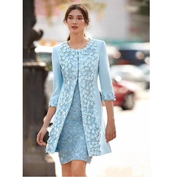 Light Blue Mother Of The Bride Suits Dresses With Jacket Sheath Knee Length Wedding Guest Dress Arabic Short Dress Evening Wear CR