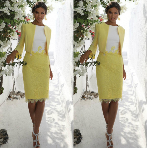 Classic Yellow Mother of The Bride Dresses With Jacket Knee Length Lace Appliqued Mother Wedding Guest Dress Jewel Neck Evening Gowns