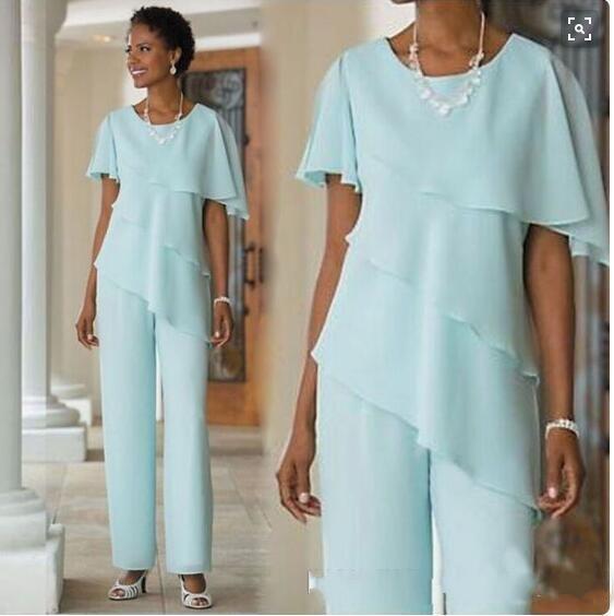 New Mother Pants Suits Wedding Guest Dress Chiffon Short Sleeve Tiered Mother of Bride Pant Suits Trousers BA6965