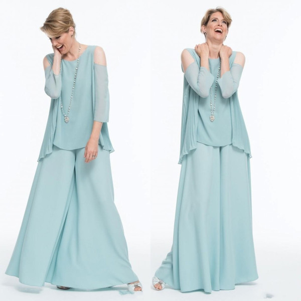 Mint Green Chiffon Mother Of The Bride Pants Suits Scoop Neck Wedding Guest Dress Floor Length Long Sleeve Evening Gowns