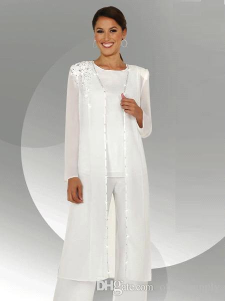 White Chiffon Long Sleeves Mother of the Bride Pant Suits With Long Blouse Sequins Beaded Mother of Groom Pant Suit BA3961