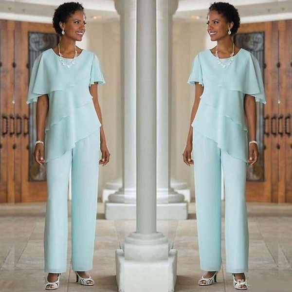 New Arrival Mother of the Bride Pants Suits Elegant Two-piece Chiffon And Cascading Ruffles Suits Cheaper Wedding Party