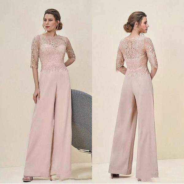 Elegant Jumpsuits Lace Mother Of The Bride Pant Suits Bateau Neck Half Sleeve Wedding Guest Dress Chiffon Plus Size Mother Dress BC2571