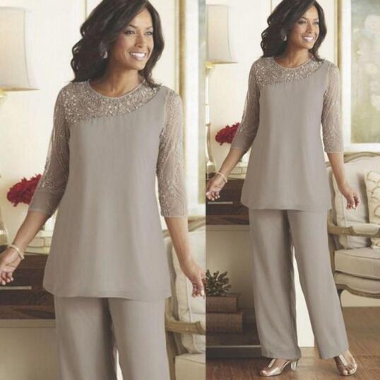 Hot Sale Silver Long Sleeves Mother Of The Bride Pant Suits Summer Spring Chiffon Custom Made Plus Size Wedding Guest Wear