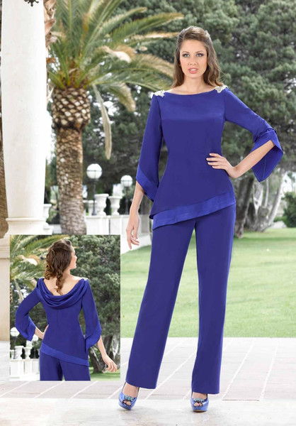 Affordable Royal Blue Bead Mother Of The Bride Pant Suits Long Sleeves Chiffon Boho Mothers Outfit Formal Garment Cheap Wedding Guest Dress