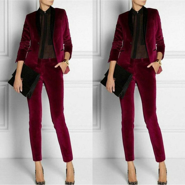 Modern Burgundy Velvet Women Ladies Suit 2 Pieces Mother of the Bride Suits Formal Business Women's Office Pantsuits Dress