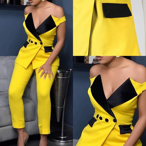 Modern Yellow Mother of the Bride Suits Off Shoulder 2 Pieces Women Prom Evening Formal Wear Tuxedos Blazer For Wedding(Jacket+Pants)