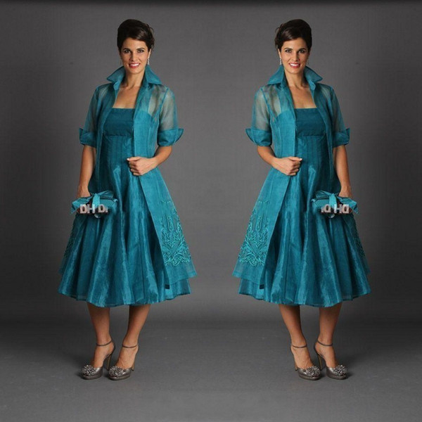 Vintage Plus Size Tea Length Mother of The Bride Dresses Jacket Strapless Sleeveless Hunter Green Short Suits Evening Gowns BA8945