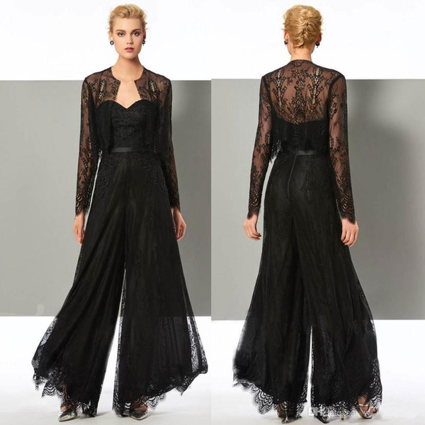 Elegant Black Lace Jumpsuit Mother Of The Bride Pant Suits Sweetheart Neck Wedding Guest Dress With Jackets Plus Size Mothers Groom Dresses