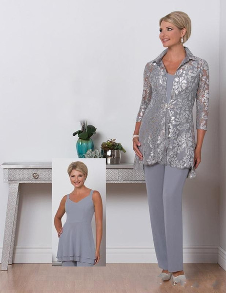 New Elegant Silver Three Pieces Mother Of the Bride Plus Size Pants Suits Scalloped Neck Mothers Suits With Lace Jacket BA6988