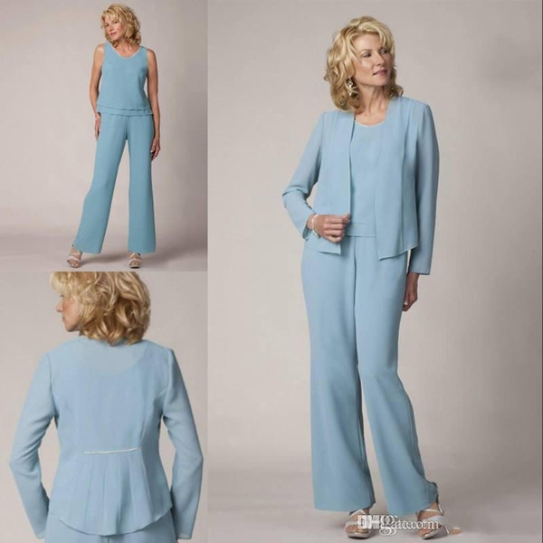 New Arrival Ocean Blue Mother Of the Bride Pant Suits 3 Piece Chiffon with Bead Wedding Guest Pant Suit Plus Size Evening Dresses