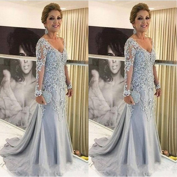 Hot Sale Mermaid Plus Size Mother Of The Bride Dresses V Neck Long Sleeves Lace Appliques Tulle Beads Sweep Train Party Evening Gowns