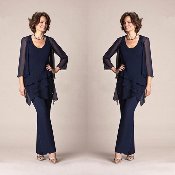 Sexy Dark Navy Chiffon Three Pieces Mother of the Bride Pant Suits Jackets Trousers 3/4 Long Sleeves Wedding Evening Groom Gowns BA9406