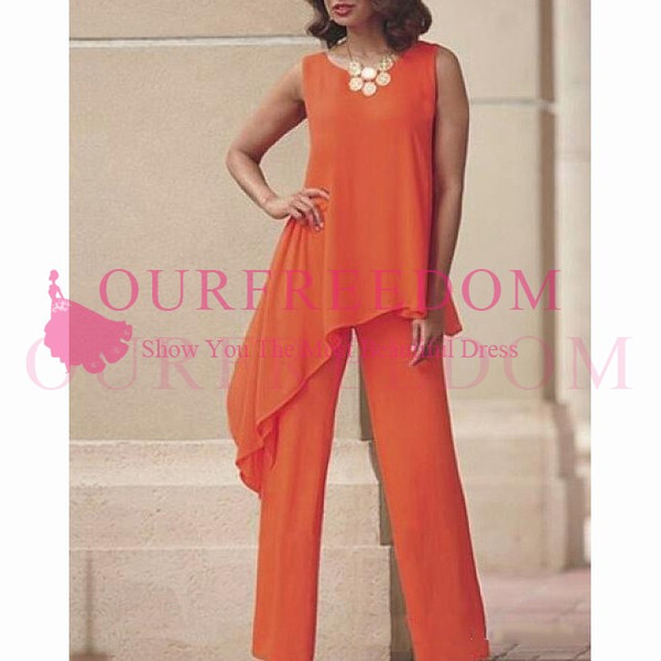 Orange Chiffon Mother Of The Bride Suits Floor Length Elegant Formal Evening Occasion Dresses Custom Made