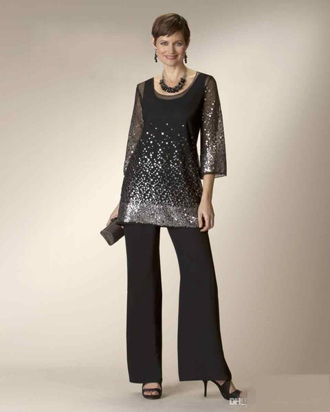 Black Mother's Formal Wear Sparkly Sequins Long Sleeve Suits Formal Evening Party Dresses