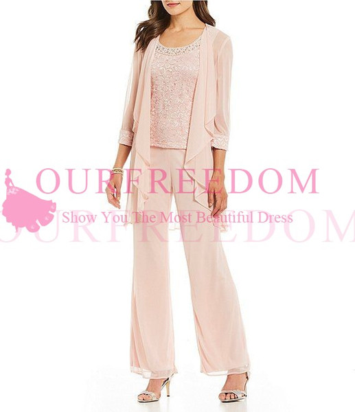 Nice Pink 3/4 Long Sleeve Mother Of The Bide Suits Lace Appliques Pant Suits Floor Length Formal Evening Occasion Prom Party Dresses