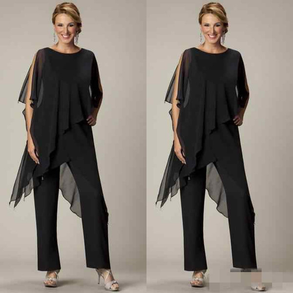 Cheap Two Pieces Pants Suits For Mother Bride Jewel Half Sleeve Plus-Size Black Chiffon Evening Gowns Beach Wedding Party