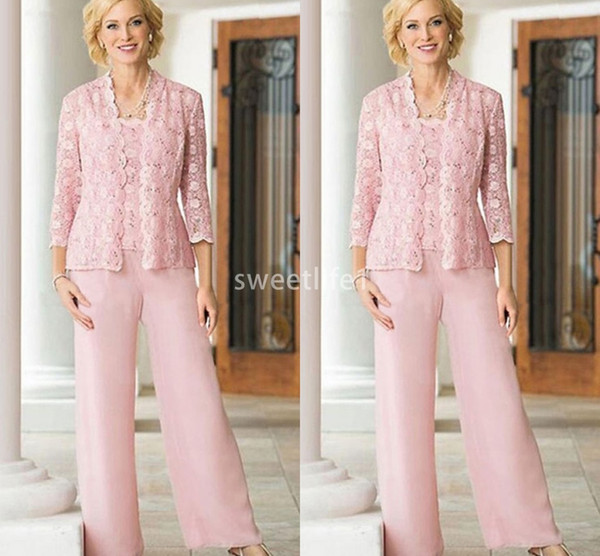 New Pink With Jacket Mother Of The Bride Suits Chiffon Floor Length Pants Crew Neck Lace Top Wedding Guest Gown Formal Evening Dresses