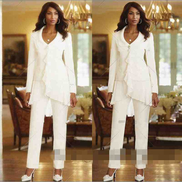 White Ivory Sheath Elegant Mothers Pants Suits Custom Made Ruffles Chiffon Mother of the Bride Gowns Long Sleeves