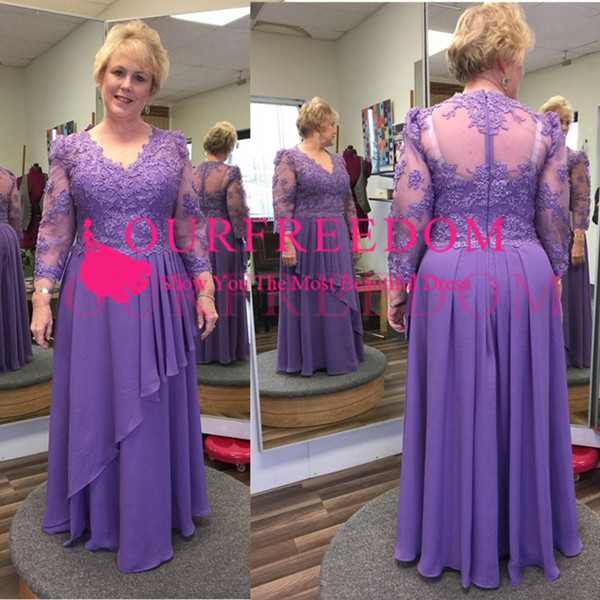 Vintage Custom Lavender Mother of the Groom Jewel Neck Long Sleeve Chiffon Casual Clothes for Ladies Cheap Mother Of The Bride Dress