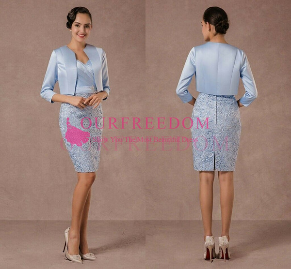 Elegant Light Sky Blue With Jacket Mother Of The Bride Dresses Sheath Short Mini Lace Satin Mother Of The Bride Suits Formal Dresses