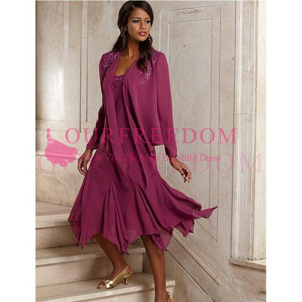 Vintage Elegant Chiffon Plus Size Mother Of The Bride Dresses With Jacket Tea Length Groom Pant Suits Gowns For Weddings