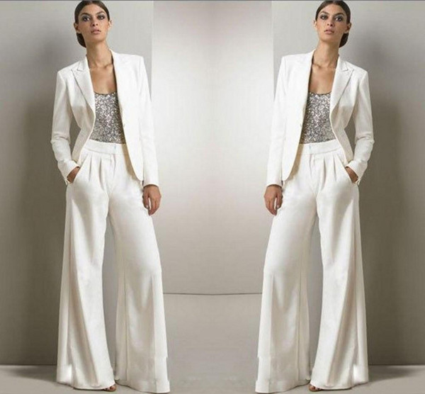 New Bling Sequins Ivory White Pants Suits Mother Of The Bride Dresses Formal Chiffon Tuxedos Women Party Wear Fashion Modest