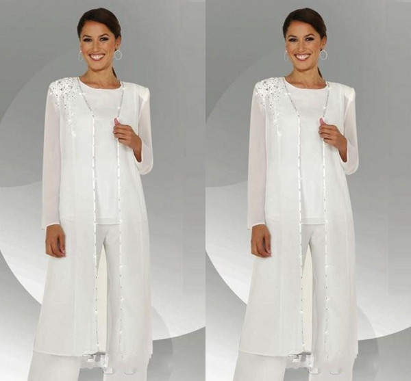 White Chiffon Long Sleeves Mother of the Bride Pant Suits With Long Blouse Sequins Beaded Mother of Groom Pant Suit