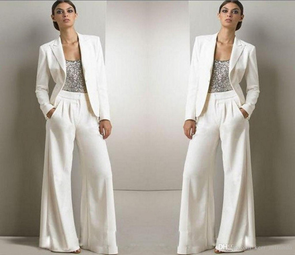 New Bling Sequins Ivory White Pants Suits Mother Of The Bride Dresses Formal Chiffon Tuxedos Women Party Wear New Fashion Modest