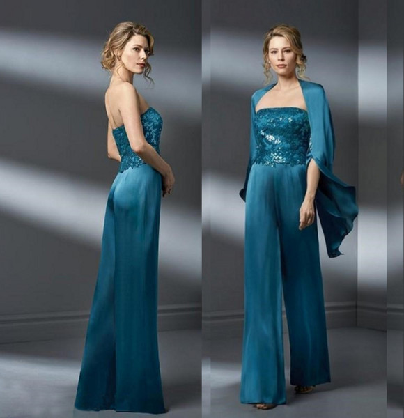 Teal blue Mother Of The Bride Pant Suits Chiffon Applique Strapless Plus Size Mother Of The Bride Dress Formal Gown For Mothers Wedding