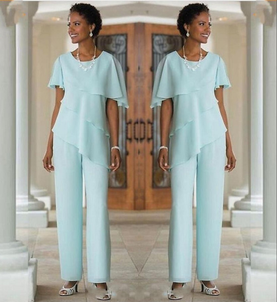 Mother Of The Bride Dresses Pants Suits Wedding Guest Dress Silk Chiffon Short Sleeve Tiered Mother of Bride Pant Suits Custom Made